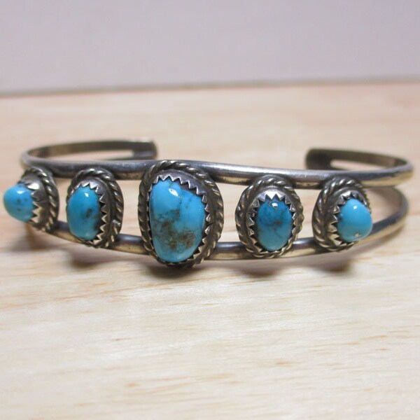 Gr 136 Navajo Dolores Cadman 5 Stone Turquoise Sterling Silver Row Bracelet