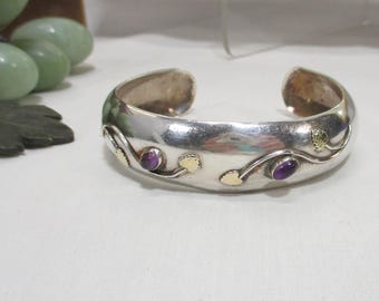 Gr 170 Vintage Sterling Silver, Amethyst and 14K Gold Cuff Bracelet