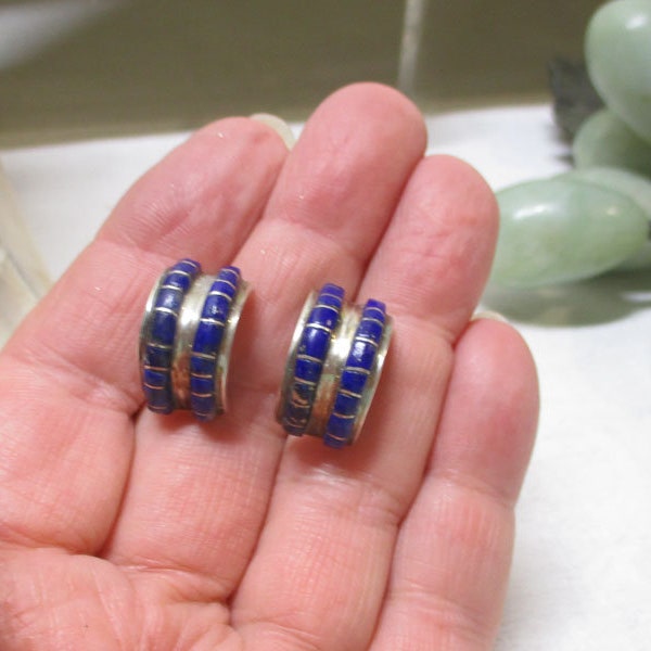 Gr 119 Vintage Navajo Sterling Silver and Channel Inlay Lapis Lazuli Half Hoop Earrings Signed Nakai
