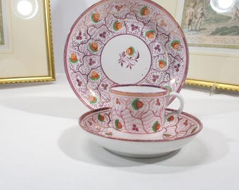 Gr 169 Staffordshire Pink Luster Cup, Saucer and Plate Trio Strawberry Design