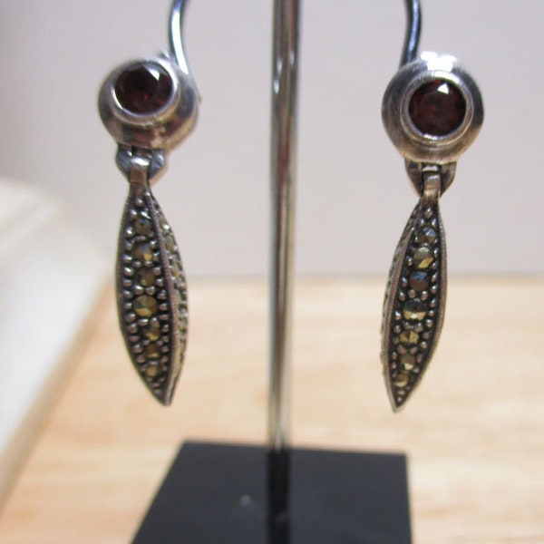 Gr 142 Art Deco Sterling Silver, Marcasite and Garnet Drop Earrings