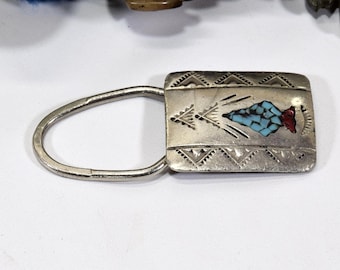 Gr 217 Navajo Willie Nezzie Turquoise and Coral Inlaid Sterling Silver Key Holder
