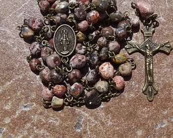 Irish rosary beads,celtic rosary beads,celtic cross,gemstone rosary,leopardskin jasper rosary,catholic gift,virgin mary,first communion