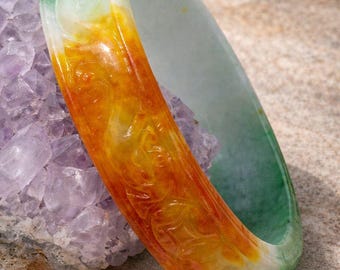 Carved Three-Color Jade Bangle Bracelet