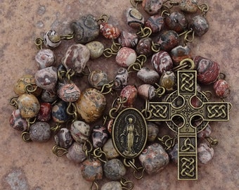 Irish rosary beads,celtic rosary beads,celtic cross,gemstone rosary,leopardskin jasper rosary,catholic gift,virgin mary,first communion