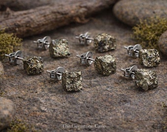 Raw Pyrite Stud Earrings – Hypoallergenic Surgical Steel, Boho