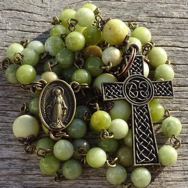 Celtic rosary beads,irish catholic rosary,peridot rosary,may birthstone,celtic rosery,beaded rosary,gemstone rosary,prayer beads,virgin mary