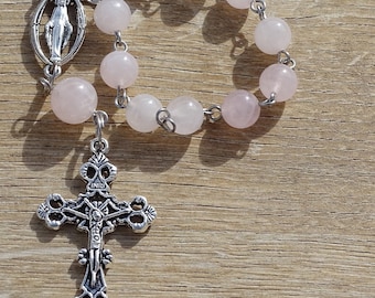 Rose quartz rosary beads,car rosary,catholic rosary,rear view mirror rosary,travel rosary,first communion,single decade rosary,confirmation
