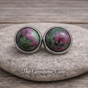 Ruby in Zoisite Gemstone Stud Earrings - Hypoallergenic Surgical Steel - Balance Inner Peace -Boho Gift