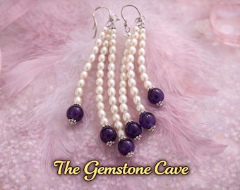 Pendientes colgantes de perla y amatista - Acero quirúrgico hipoalergénico - Regalo bohemio - Piedra natal de febrero - Pendientes colgantes
