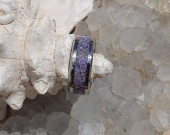 Charoite ring,stainless steel ring band,pet ashes ring,animal ashes ring,cremation ring band,wedding band,inlay ring band,birthstone ring,