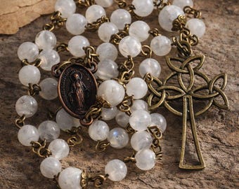 Moonstone Gemstone Rosary Prayer Beads - Catholic First Communion Confirmation Baptism Gift