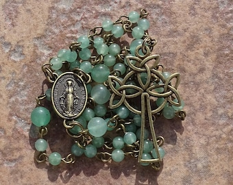 Irish rosary beads,celtic rosary beads,celtic cross,trinity cross,gemstone rosary,green aventurine rosary,catholic gift,virgin mary,maria