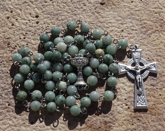 Irish rosary beads,celtic rosary beads,celtic cross,myanmar jade gemstone rosary,burmese jade rosary,catholic gift,virgin mary,ave maria