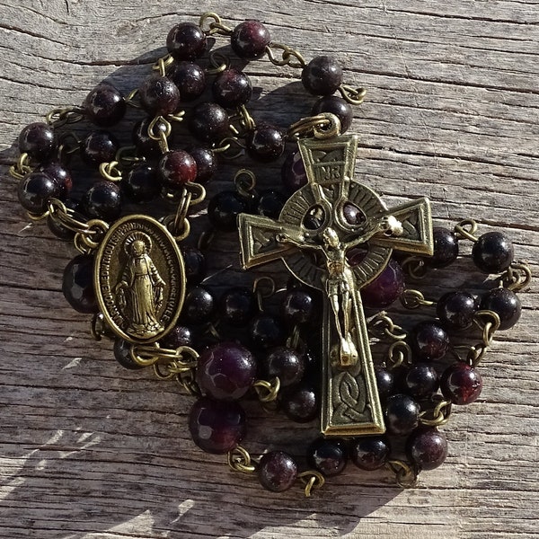 Celtic rosary beads,catholic rosary,garnet rosary necklace,january birthstone,five decade rosary,beaded rosary,gemstone rosary,prayer bead