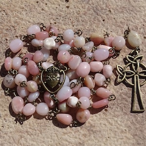 Pink opal rosary beads,catholic rosary beads,celtic rosary,first communion gift,gemstone rosary,prayer beads,confirmation rosary,ave maria