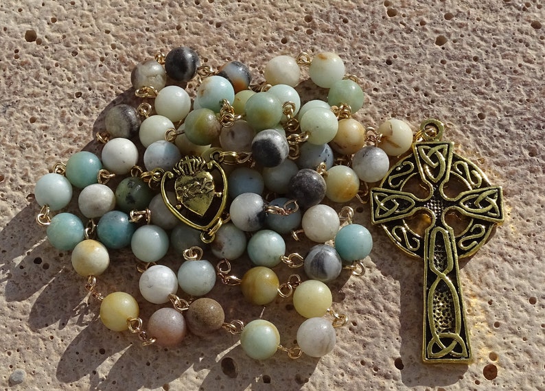 Celtic amazonite rosary beads,irish catholic rosary,crystal rosary,five decade rosary,beaded rosary,gemstone rosary,prayer beads,ave maria image 5