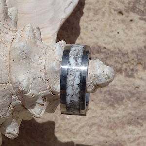 White howlite ring,stainless steel ring band,cremation ring,pet ashes ring,animal ashes ring,wedding band,inlay ring band,birthstone ring,
