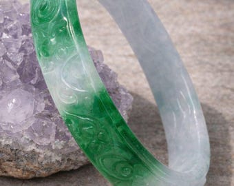 Carved Green Jade Bangle Bracelet, Gemstone Jewelry (57.80 mm)