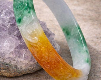 Carved Three-Color Jade Bangle Bracelet (61.9mm)