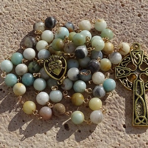 Celtic amazonite rosary beads,irish catholic rosary,crystal rosary,five decade rosary,beaded rosary,gemstone rosary,prayer beads,ave maria image 1