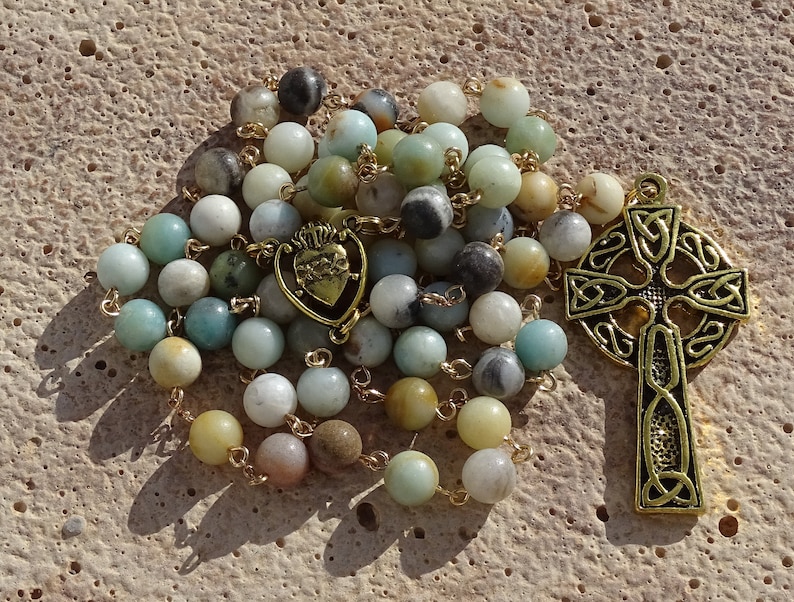 Celtic amazonite rosary beads,irish catholic rosary,crystal rosary,five decade rosary,beaded rosary,gemstone rosary,prayer beads,ave maria image 1