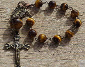 Tiger eye rosary beads,car rosary,catholic rosary,rear view mirror rosary,travel rosary,gemstone rosary,first communion,confirmation rosary