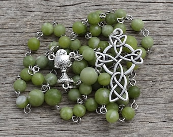 Celtic rosary beads,celtic trinity cross,irish catholic rosary,jade rosary beads,march birthstone,five decade rosary,gemstone rosary,ave