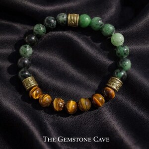 Pulsera de ojo de tigre y zoisita rubí - Joyería bohemia hecha a mano con piedras preciosas