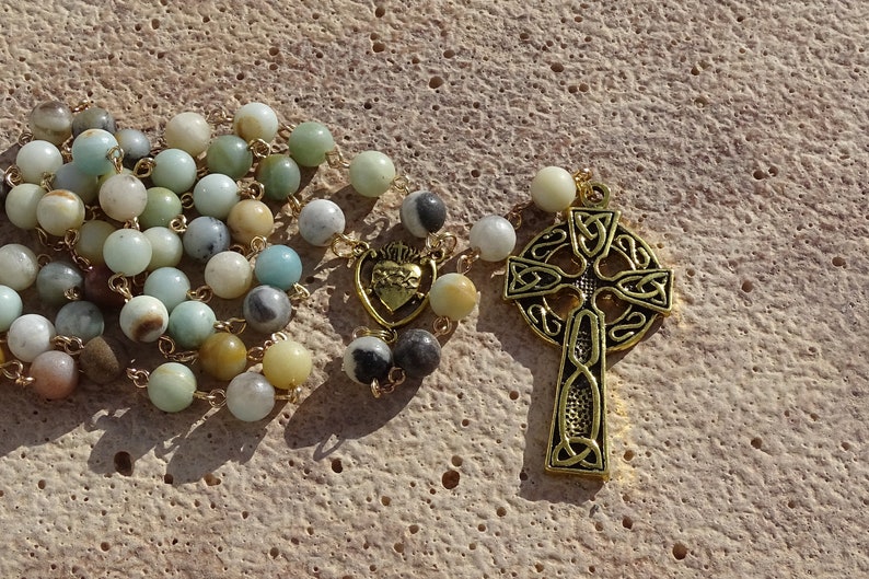 Celtic amazonite rosary beads,irish catholic rosary,crystal rosary,five decade rosary,beaded rosary,gemstone rosary,prayer beads,ave maria image 7