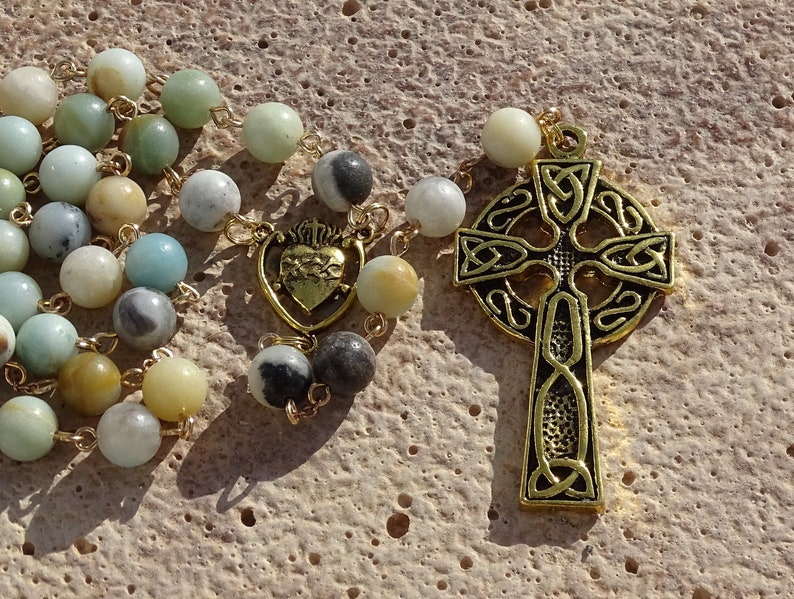 Celtic amazonite rosary beads,irish catholic rosary,crystal rosary,five decade rosary,beaded rosary,gemstone rosary,prayer beads,ave maria image 4