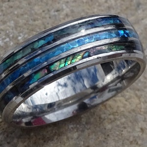 Abalone shell ring,stainless steel ring,paua shell ring,black stainless steel ring,blue steel ring,stainless steel band, steel finger ring
