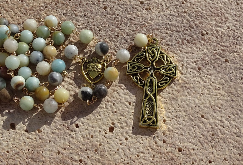 Celtic amazonite rosary beads,irish catholic rosary,crystal rosary,five decade rosary,beaded rosary,gemstone rosary,prayer beads,ave maria image 2