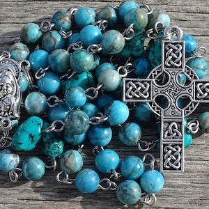 Turquoise rosary beads,celtic rosary beads,irish catholic rosary,december birthstone,celtic rosery,gemstone rosary,prayer beads,ave maria