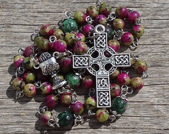 Celtic rosary beads,irish catholic rosary,ruby in zoisite rosary,july birthstone,celtic rosery,gemstone rosary,prayer beads,ave maria