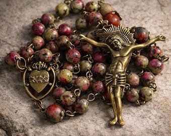 Rosario de rubí y zoisita • Cuentas de oración hechas a mano con piedras preciosas • Regalo católico de estilo vintage