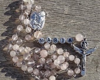 Rosary beads,catholic rosary beads,crystal rosary with name,catholic rosary,first communion,rose quartz rosary,prayer beads,confirmation