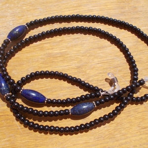 Glasses chain, glasses holder,black quartz & lapis glasses cord,spectacle cord,healing crystals,rock,stones,gems,minerals,pagan,wicca,wiccan
