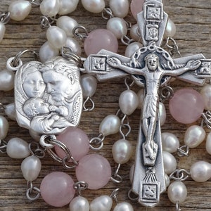 Pearl rosary beads,catholic rosary,rose quartz crystal rosary,catholic rosary,first communion gift,rosary,prayer beads,confirmation rosary