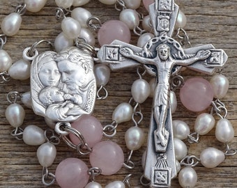 Pearl rosary beads,catholic rosary,rose quartz crystal rosary,catholic rosary,first communion gift,rosary,prayer beads,confirmation rosary