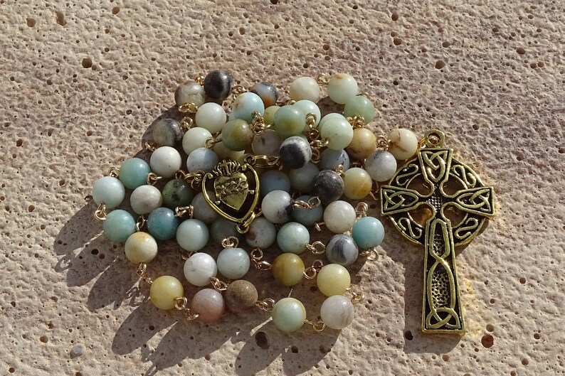 Celtic amazonite rosary beads,irish catholic rosary,crystal rosary,five decade rosary,beaded rosary,gemstone rosary,prayer beads,ave maria image 8