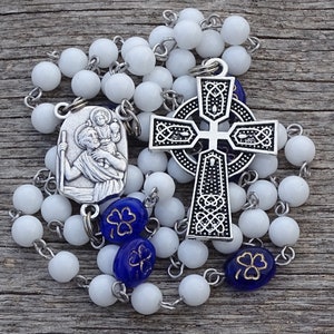 Keltische rozenkrans, Ierse katholieke rozenkrans, Keltisch kruis, albasten rozenkrans, Keltische rozenkrans, edelsteenrozenkrans, gebedskralen, maagd Maria, klaverkraal