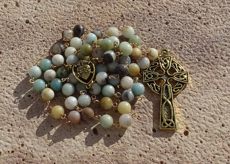 Celtic amazonite rosary beads,irish catholic rosary,crystal rosary,five decade rosary,beaded rosary,gemstone rosary,prayer beads,ave maria image 9