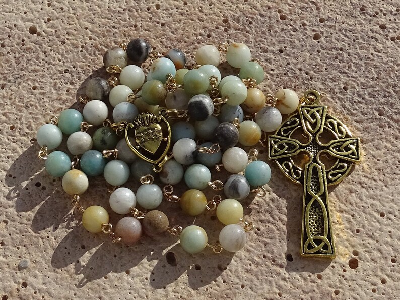 Celtic amazonite rosary beads,irish catholic rosary,crystal rosary,five decade rosary,beaded rosary,gemstone rosary,prayer beads,ave maria image 6