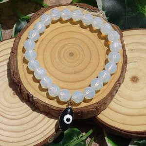 Gemstone elastic stretch bracelet,faceted moonstone opalite crystal bracelet,evil eye bracelet,beaded bracelet,protection bracelet,