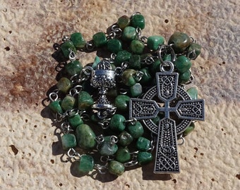 Celtic rosary beads,celtic cross,irish catholic rosary,jade nugget rosary prayer beads,march birthstone,gemstone rosary,ave maria