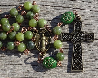Celtic rosary beads,irish catholic rosary,celtic cross,jade rosary,march birthstone,celtic rosery,gemstone rosary,prayer beads,virgin mary