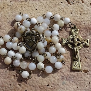 White opal rosary beads,celtic rosary beads,catholic rosary beads ,first communion gift,gemstone rosary,prayer beads,confirmation rosary