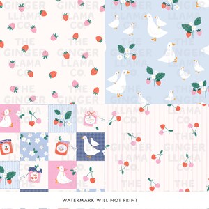 May include: A collection of fabric patterns featuring whimsical designs. The patterns include strawberries, geese, cherries, and jam jars. The color palette is soft, with shades of pink, blue, and white. The text "THE GINGER LLAMA CO." is repeated throughout the designs.