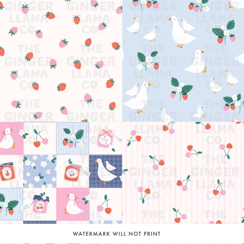 May include: A collection of fabric patterns featuring whimsical designs. The patterns include strawberries, geese, cherries, and jam jars. The color palette is soft, with shades of pink, blue, and white. The text "THE GINGER LLAMA CO." is repeated throughout the designs.